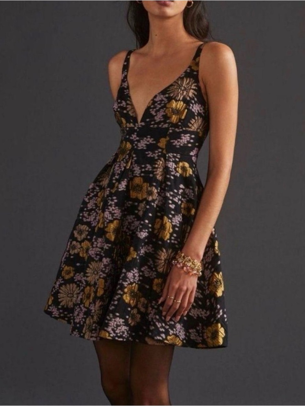 Anthropologie Jaquard Black Floral V-Neck Mini Dress w Gold and Lavender Accents